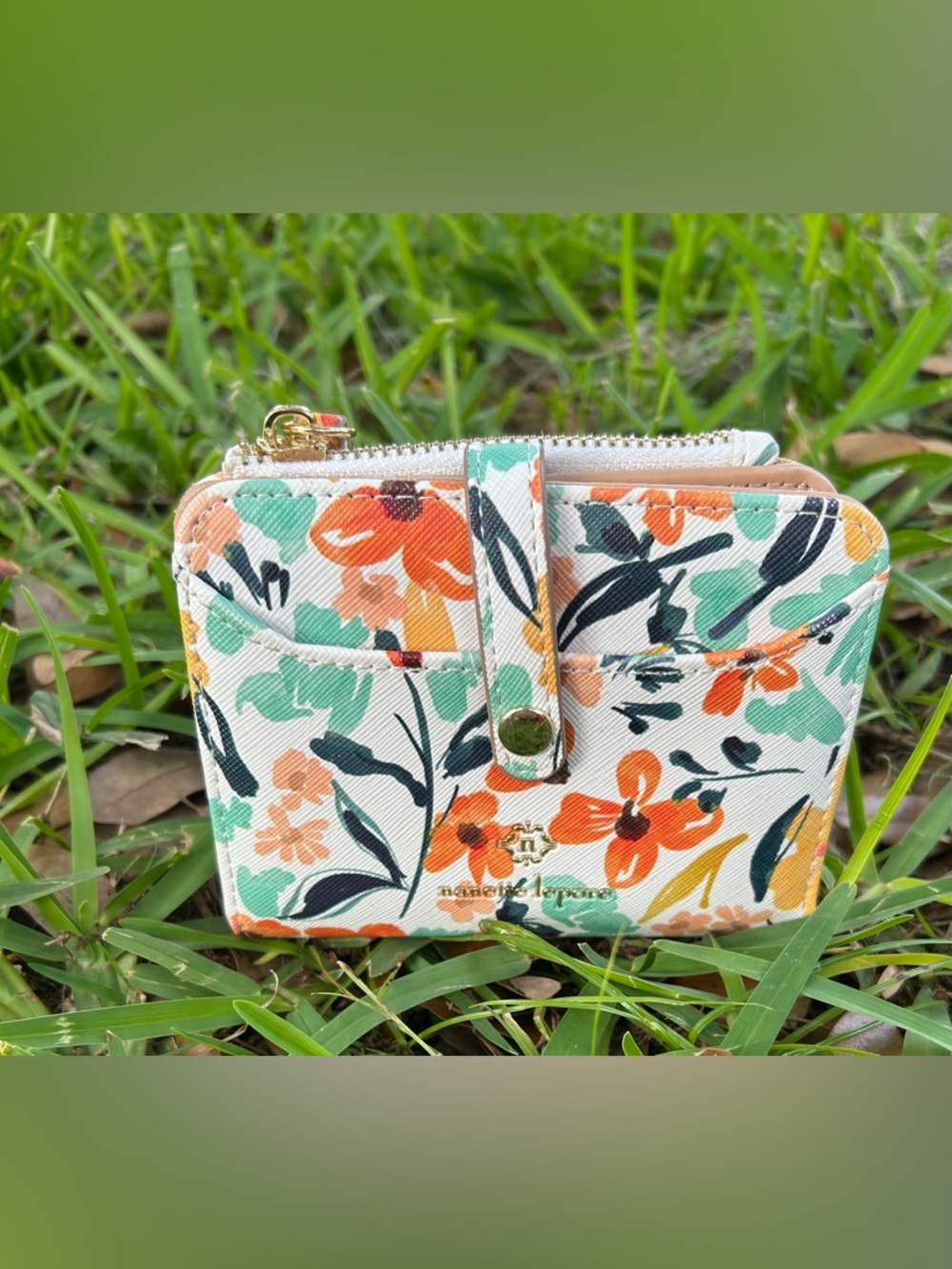 Nanette Lepore White Floral Zip Card Wallet with Orange & Mint Accents